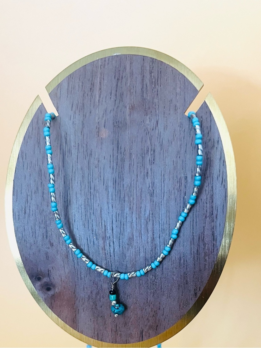 Turquoise & silver beaded 16.” Long single necklace